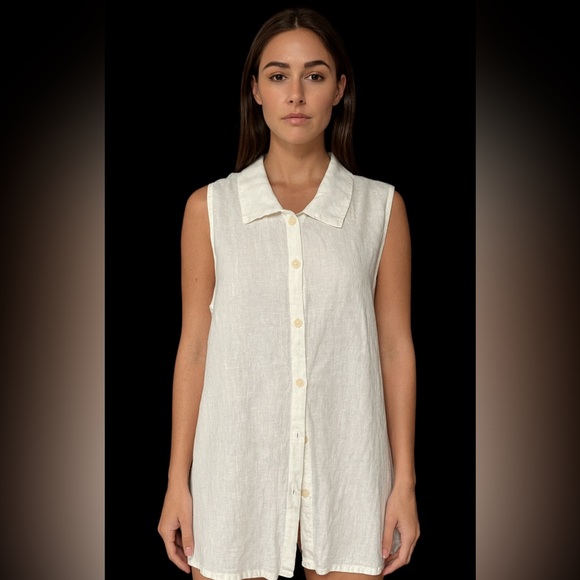 FLAX 100% Linen Sleeveless Button Front Women’s Blouse XL/1X Ivory bb - Picture 1 of 7